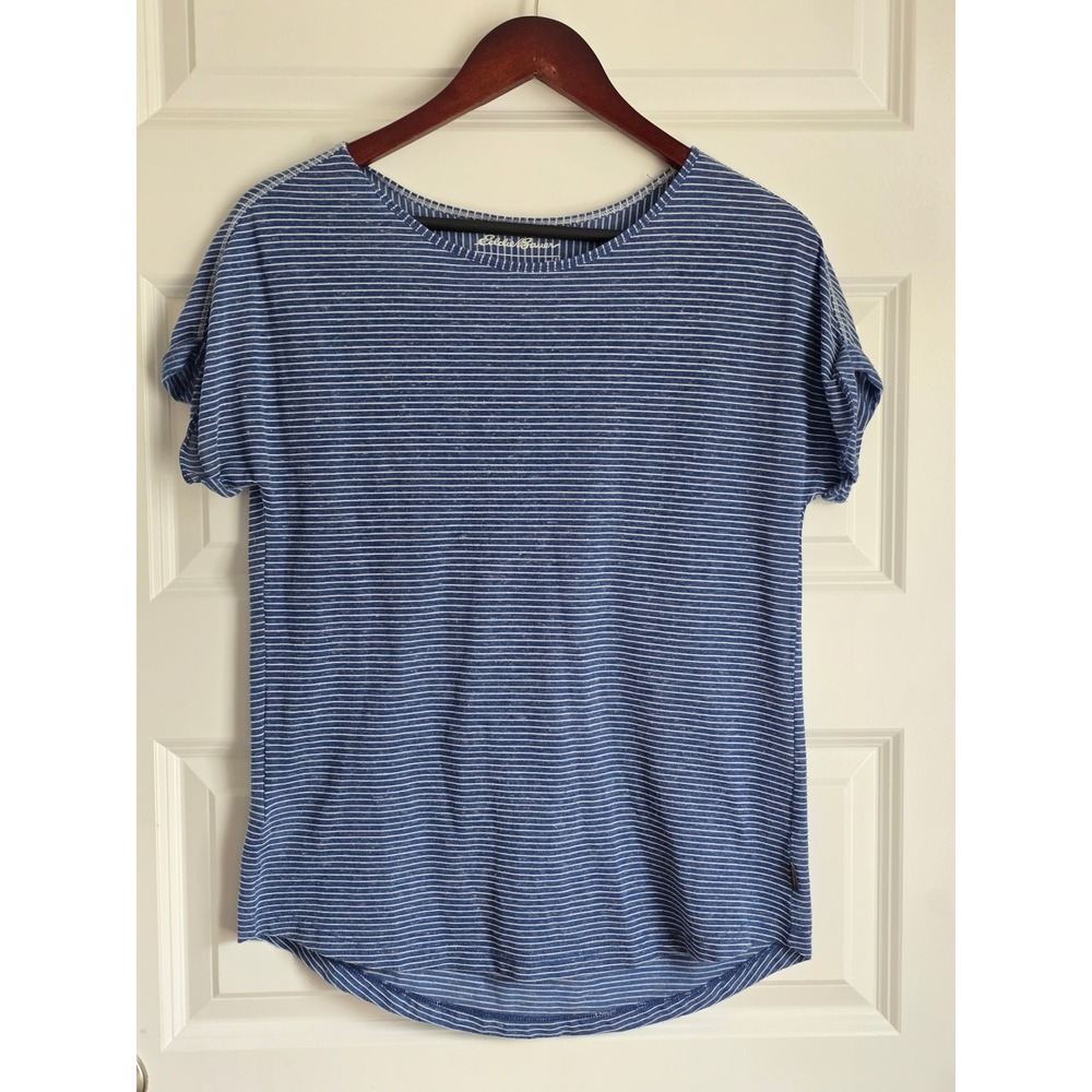 Eddie Bauer Womens Small Blue White Striped Short Sleeve Cuffed Tee Curved Hem